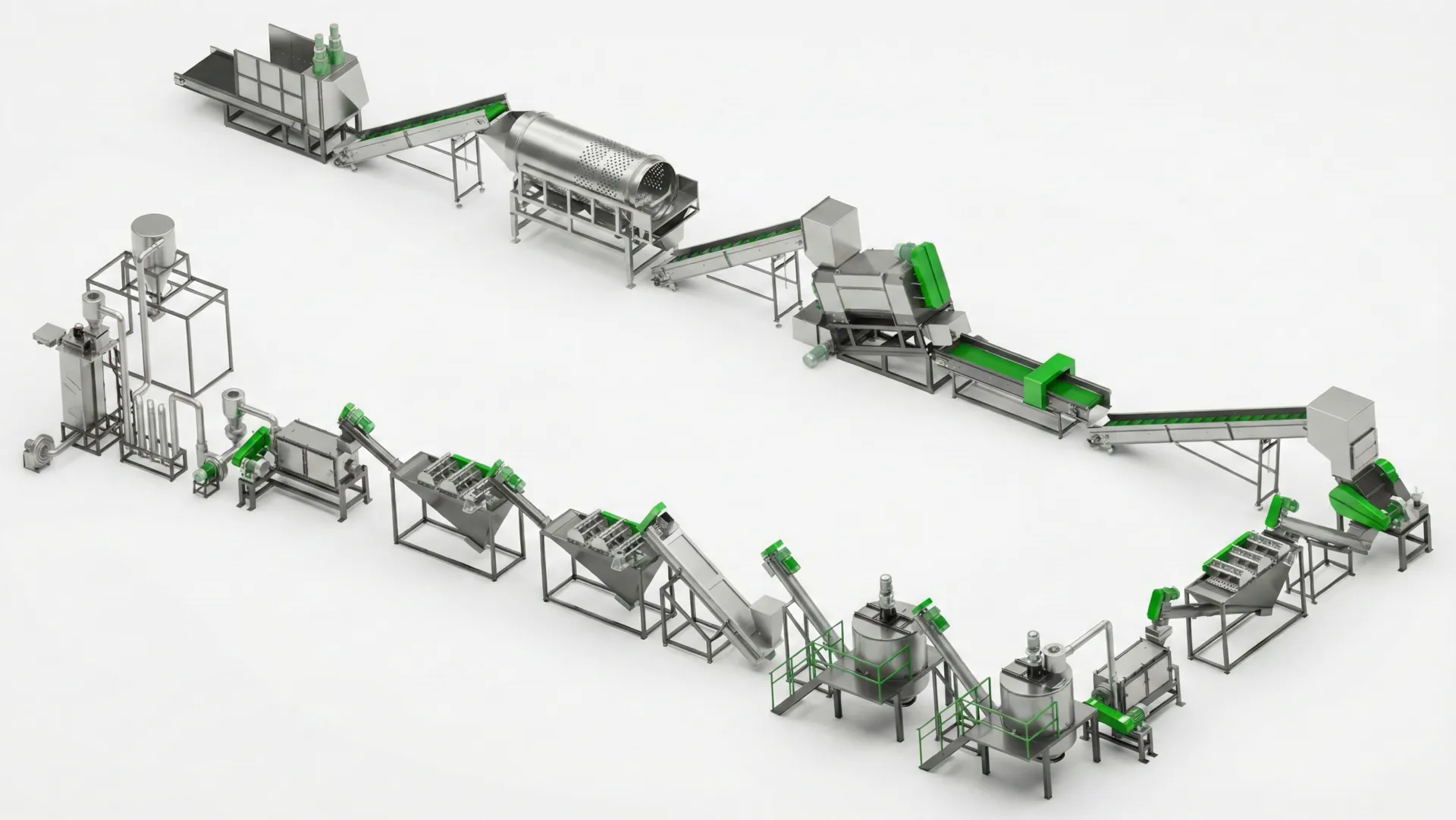 Linha completa de lavagem para reciclagem de plástico industrial para processamento de resíduos de PP, PE e PET.