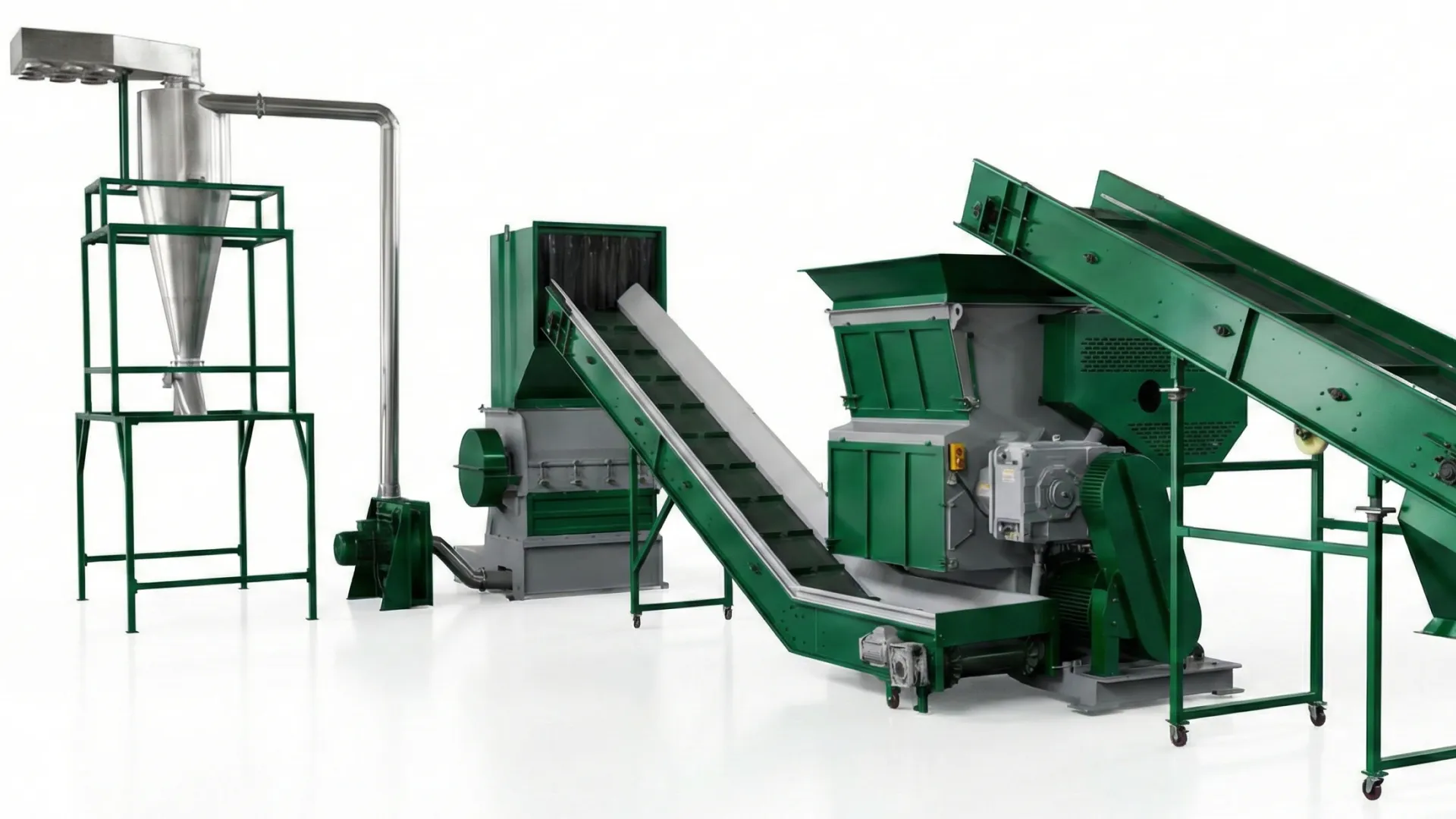 Sistema integrado de redução do tamanho do plástico em dois estágios: combinação de triturador e britador com ciclone.