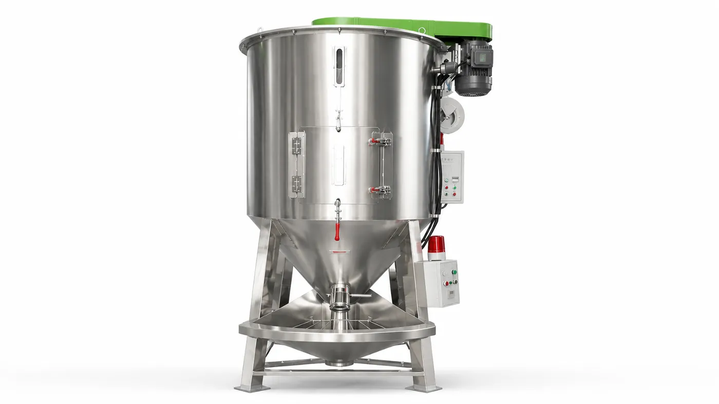 Vertical mixing dryer with stainless steel body and green top for plastic processing
