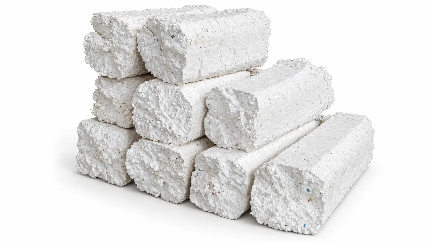 Stacked white EPS foam blocks formed by mechanical cold compaction