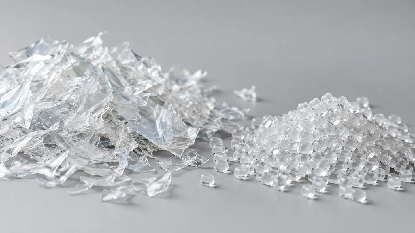 Clear PET flakes beside a pile of recycled PET pellets