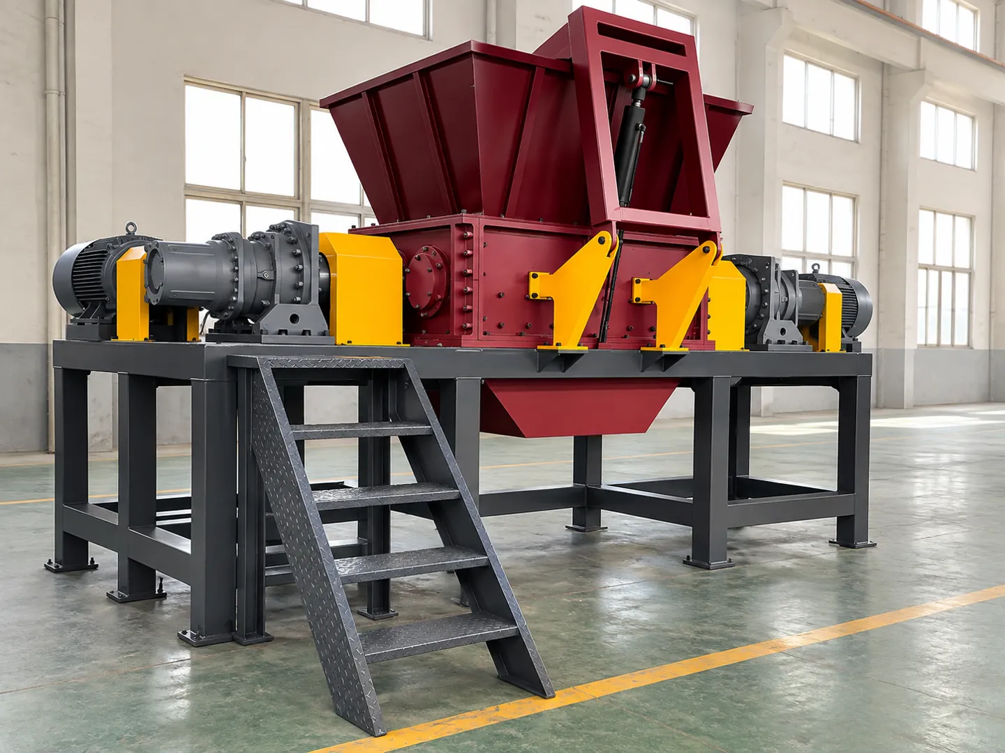 Heavy-duty double shaft shredder machine with overhead hydraulic ram for tires and plastics
