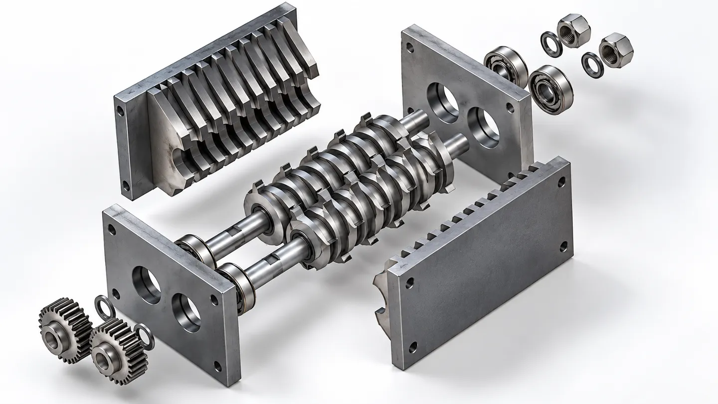 Dual-shaft shredder blade exploded view showing cutter stack assembly and replacement components